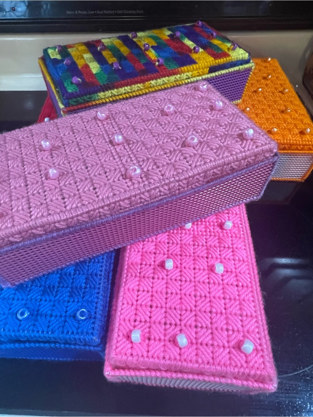 Vintage Hand Knitted Crochet Boxes Lot of 7 Various Size, Colour, Pattern